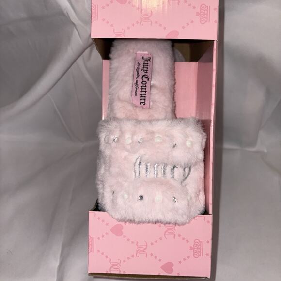Juicy Couture Slippers Womens SMALL 5/6 Faux Fur Slides Pearl Logo Luxury NEW - Picture 3 of 5